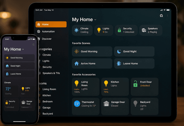 Smart home dashboard interface with room controls