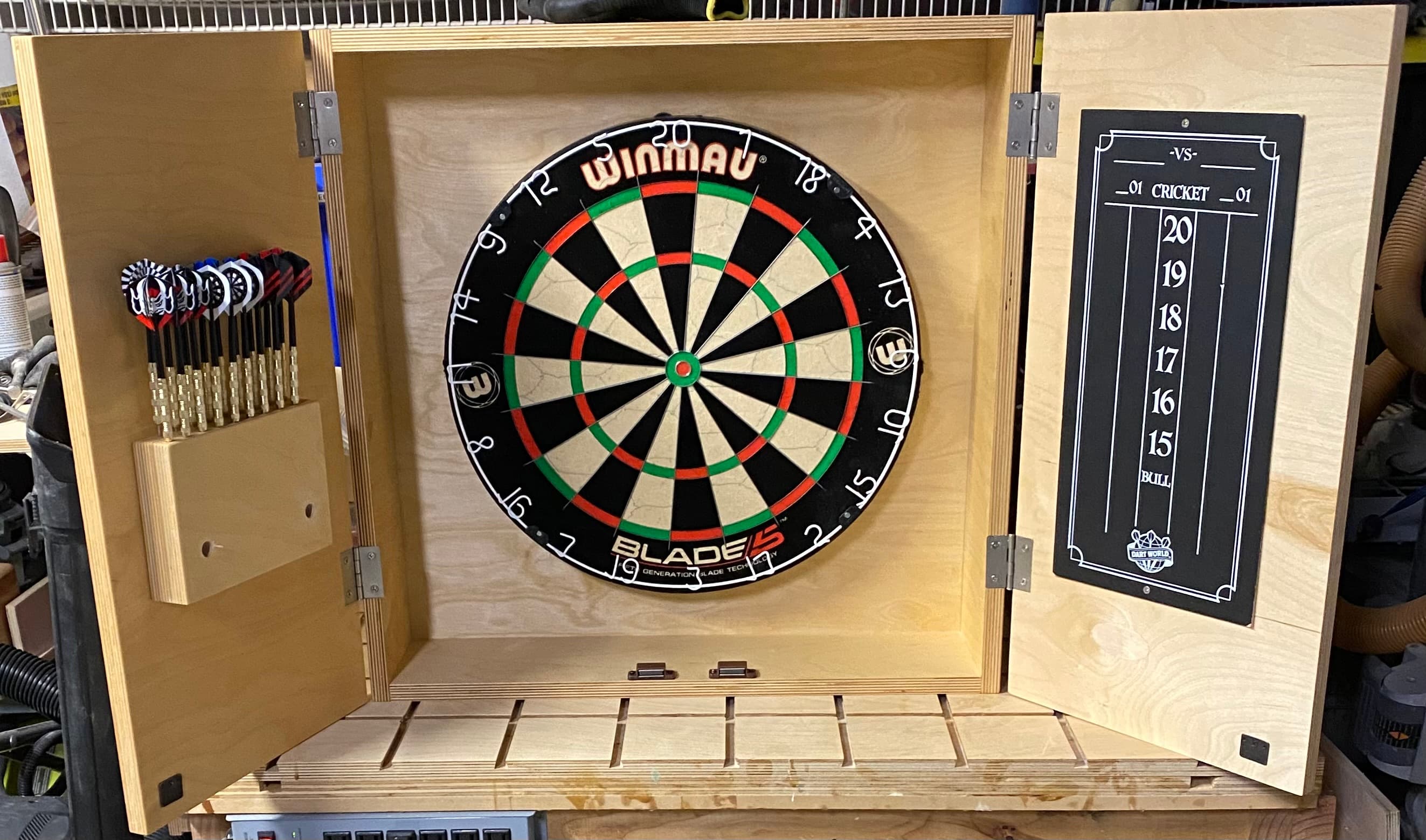 Custom dart board stand built from wood